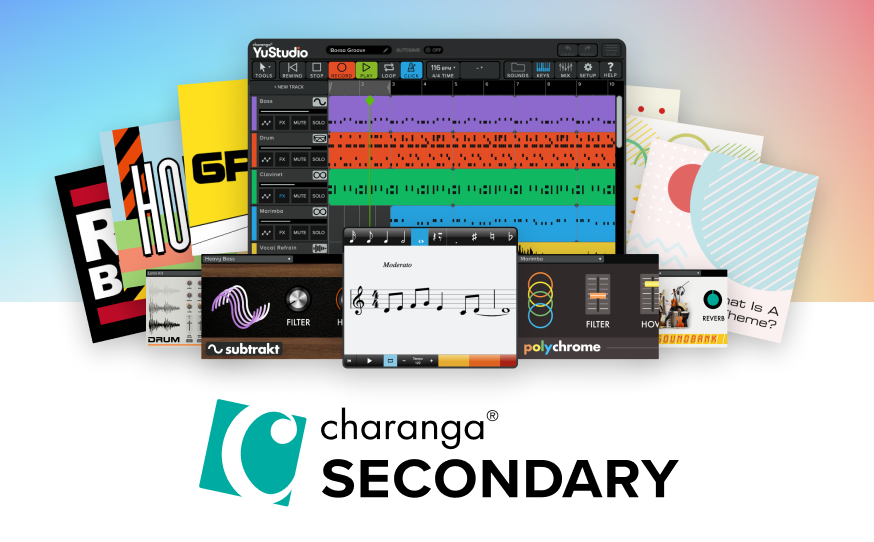 Charanga Secondary logo and a collage highlighting some of the resources and creative tools included